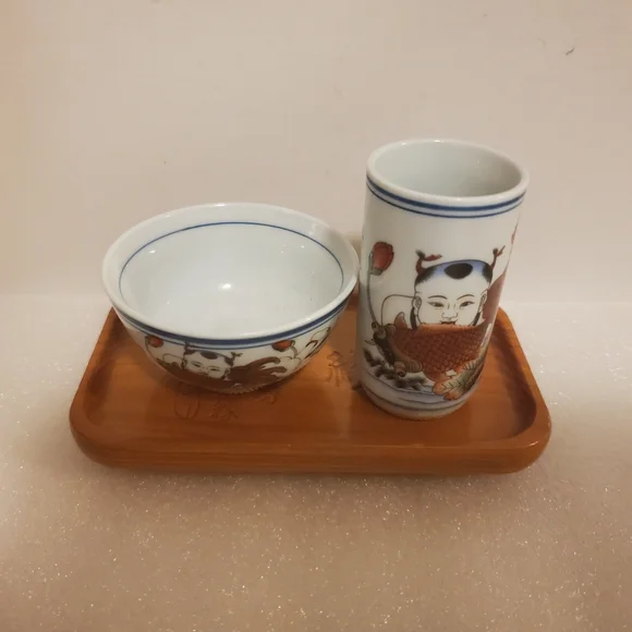 Japanese Antique Sake Tea Set With Traditional Serving Tray Cup Glass Porcelain